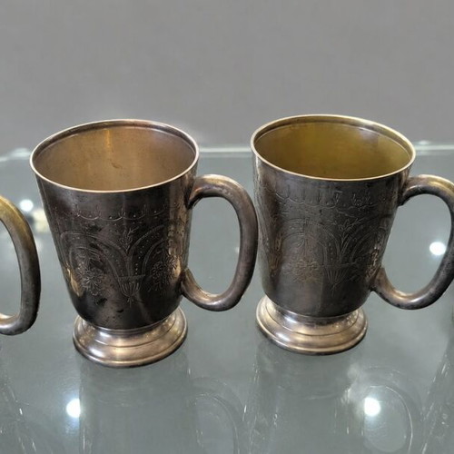 Silver-Plated Vintage Wine Cups set of 4 used, ornate floral engraving