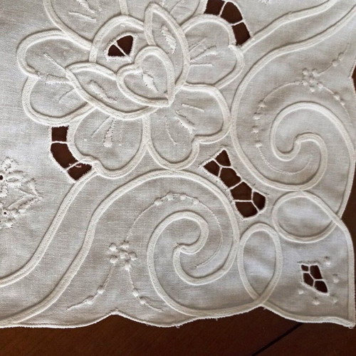 White embroidered tablecloth with cutwork and floral design vintage