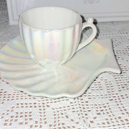 Coffee cup set new, 2 espresso cups with saucers, white pearl porcelain