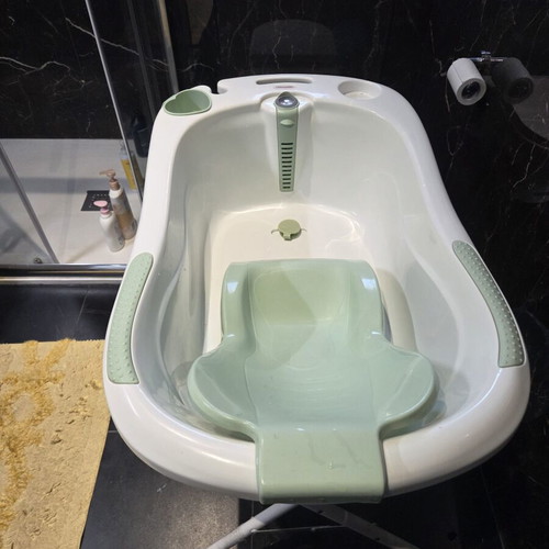 Baby bath with seat, thermometer and stand