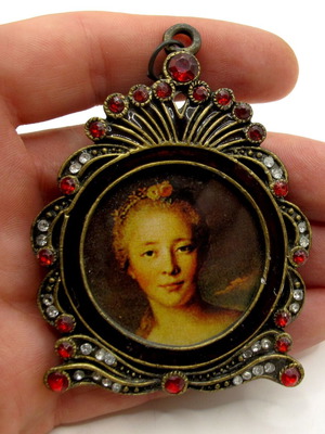 Vintage miniature frame with female portrait and crystals, 1980s