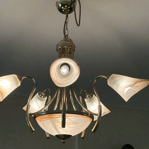Ceiling chandelier used with handmade glass and bronze