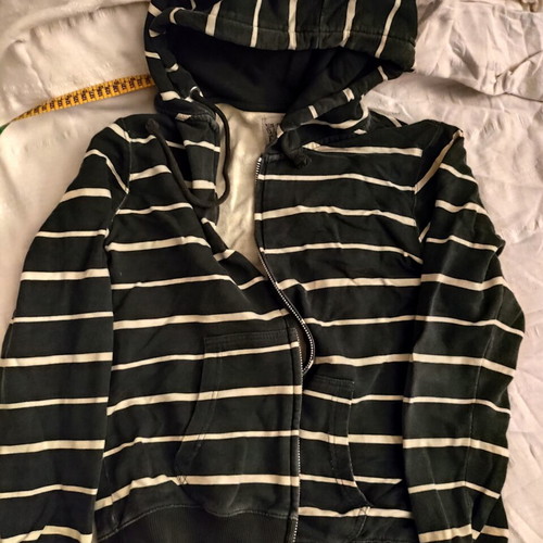 Men's striped mako cardigan medium used, green and white