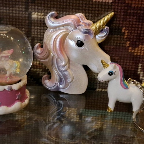 Unicorn snow globe, magnet and keychain set of 3 pieces new