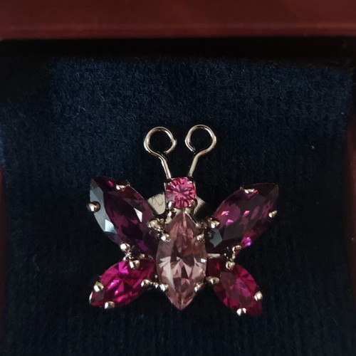 Vintage Frangos butterfly brooch new, pink and purple rhinestones
