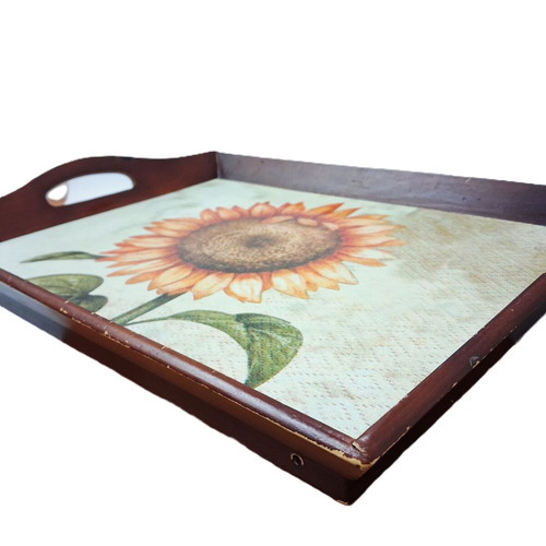 Vintage wooden tray with sunflower rustic decor used