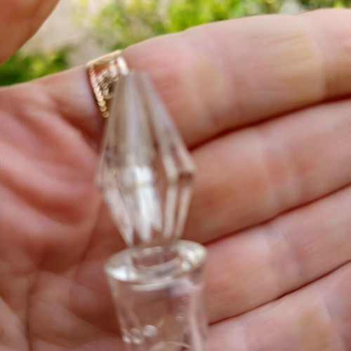 Vintage glass miniature bottle set of 2 with carved pattern and glass stopper