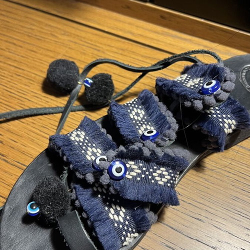 Handmade leather sandals with tassels and evil eyes, like new, size 36, blue
