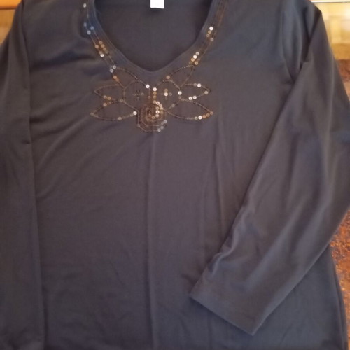 Women's blouses new, black long sleeve with sequin embroidery and organza design