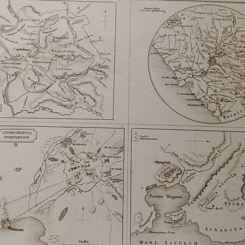 1826 Lithograph Map of Ancient Athens, Rome, Syracuse used, 27x21cm
