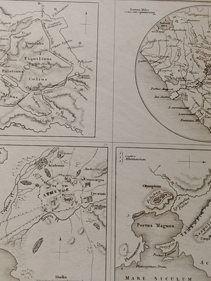 1826 Lithograph Map of Ancient Athens, Rome, Syracuse used, 27x21cm