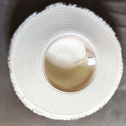 Women's Straw Hat new, off-white with bow and frayed edges