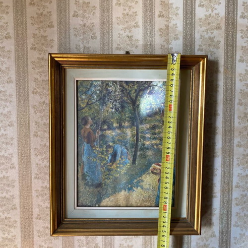 Picking Apples painting in gold frame like new
