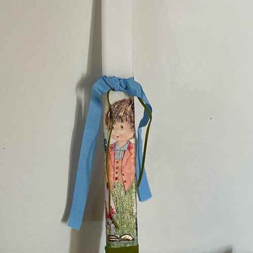 Candle with boy painted with acrylic colors and decoupage new