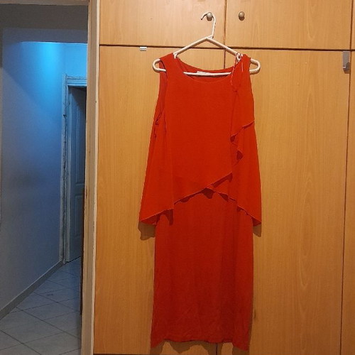 Long elastic dress with sheer top used, red coral
