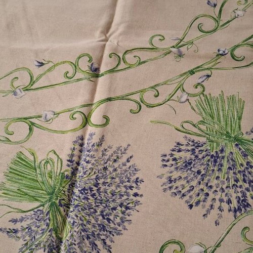 Cotton tablecloth ecru with lavender design and round hem 1.70x1.75