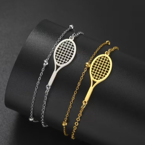 Bracelet with geometric beads and racket, new, 18K gold plated stainless steel