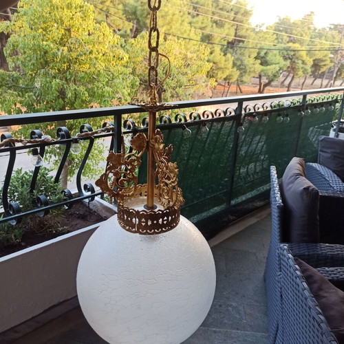 Vintage brass ceiling light with crackle glass globe