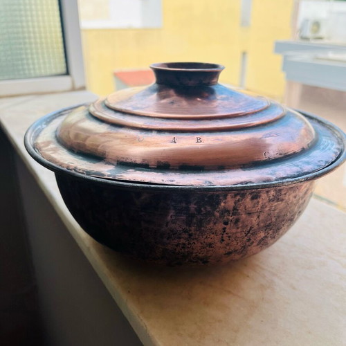 Antique copper pot with lid and monograms used, circa 1900