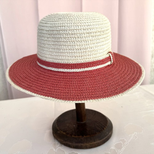 Straw fedora hat used, white and pink, size S