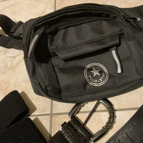 Set of 9 belts with new Polo Star waist bag and scarf, like new