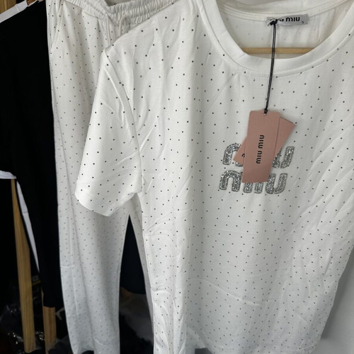 Miu Miu women's set with white strass T-shirt and pants new