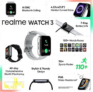 Smartwatch Realme Watch 3, με μέτρηση οξυγόνου και καρδιακών παλμών, 7 ημέρες μπαταρία, σφραγισμένο, εγγύηση Ελληνικής αντιπροσωπείας, απόδειξη αγοράς Ελληνικής αλυσίδας. Συμβατό με Android και iOS.