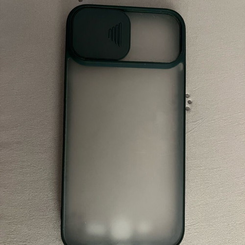 iPhone 13 / 14 phone case used, transparent with green border
