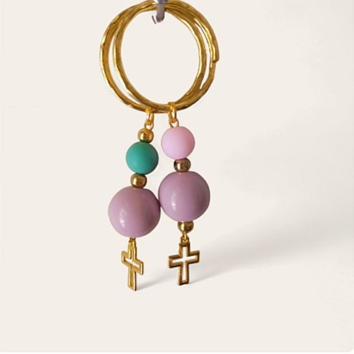 Handmade baptism keychains with large lilac bead and colorful smaller beads new