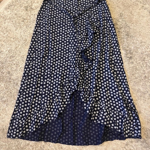 Navy Blue Midi Skirt with Pattern and Ruffles like New, Size S/M