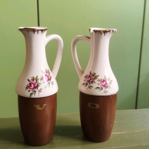 Vintage oil and vinegar cruet set used with porcelain and acacia wood