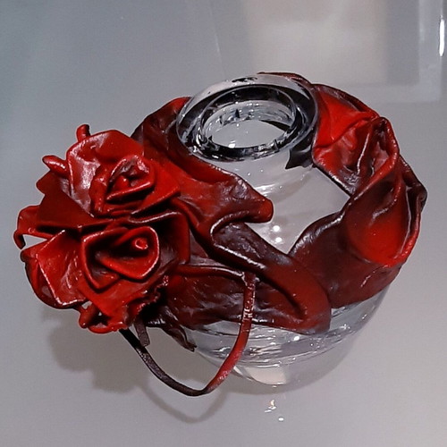 Handmade vintage blown glass vase with genuine leather decoration, new