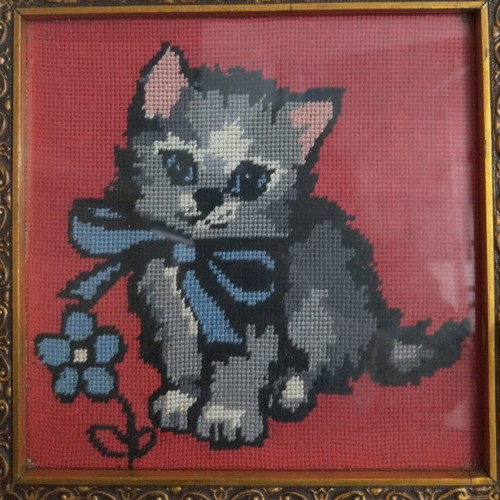 Vintage embroidered cat painting with frame and glass, like new