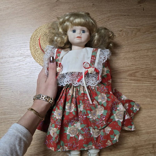 Glass doll country style like new with romantic dress