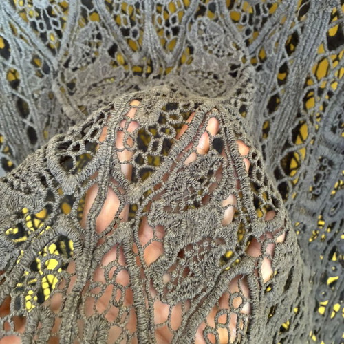Boho Crochet Fringe Poncho Top, Khaki Lace Open Knit Tunic, Size S M