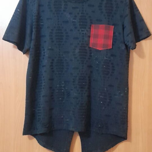 Charman Black T-Shirt like new with red tartan pocket, burnout fabric