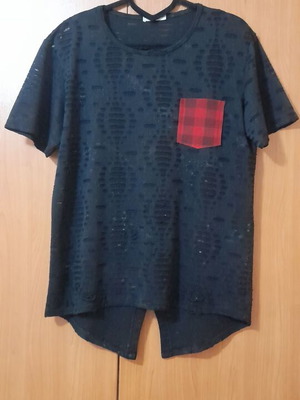 Charman Black T-Shirt like new with red tartan pocket, burnout fabric