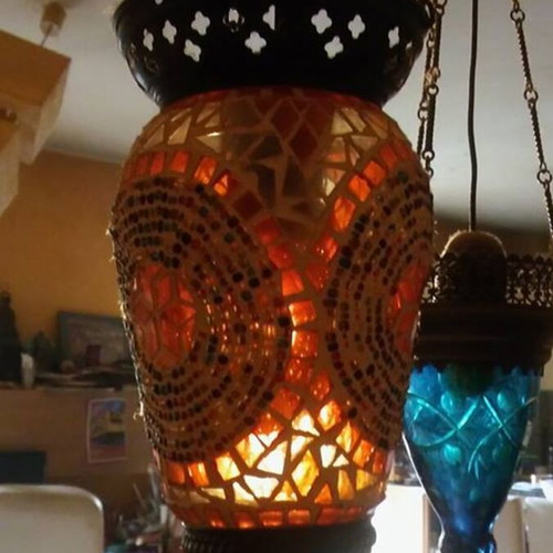 Moroccan Boho Ceiling Light with 8 Different Colored Lamps like new