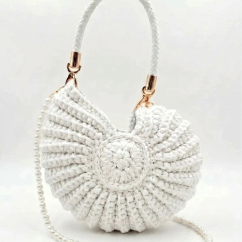 Handmade knitted bag shell shape with pearl strap, new, white and gold