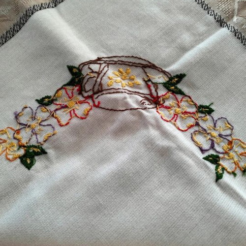 Embroidered square table linen with coffee cup and floral design