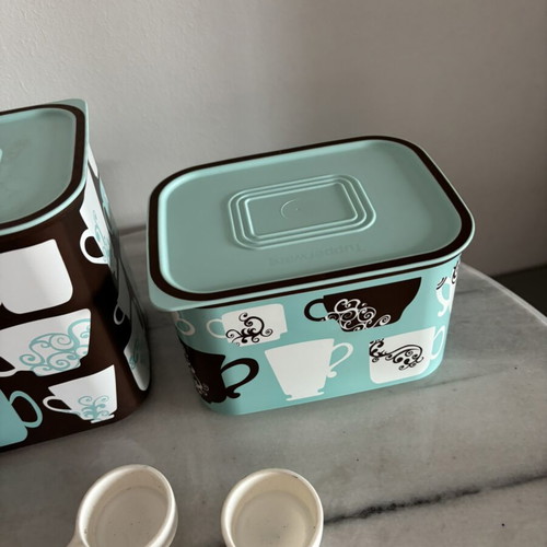 Tupperware coffee and sugar containers with spoons, new