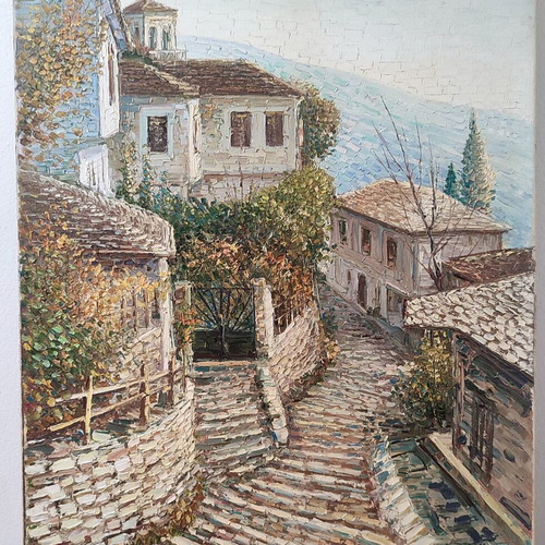 Vasilis Zenetzis oil painting, Pilio - Makrinitsa landscape