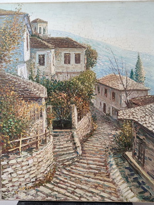 Vasilis Zenetzis oil painting, Pilio - Makrinitsa landscape