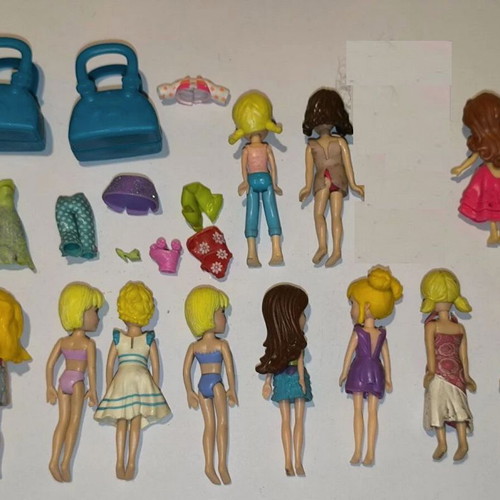 Polly Pocket dolls with accessories, used, pack of 9