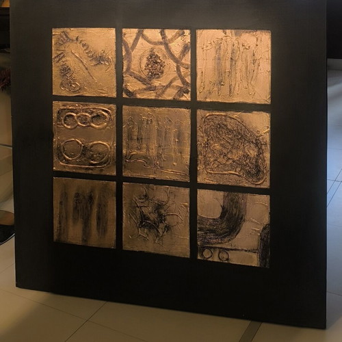 Handmade Embossed Wall Art 100x100 cm, Black & Gold Bronze