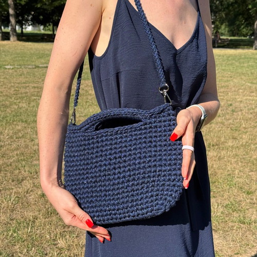 Handmade Crochet Shoulder Bag new, dark blue, minimalist t-shirt yarn handbag
