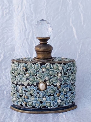 Vintage Art Nouveau perfume bottle like new with enamel and pearls