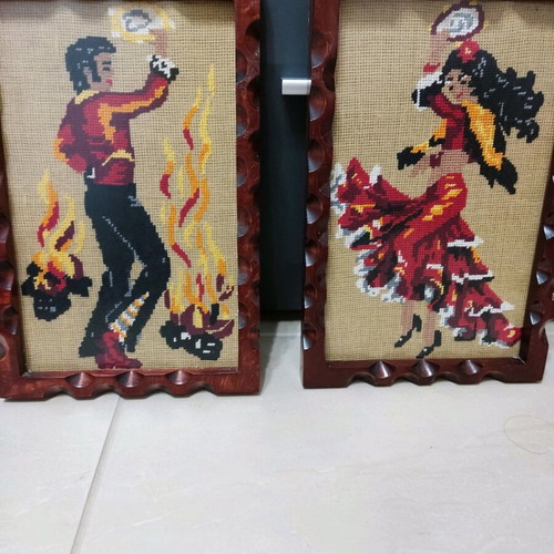 Vintage embroidered dancers paintings on wood like new, set of 2