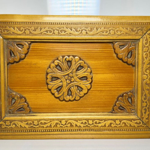 Wooden carved storage box used, handmade with fabric lining