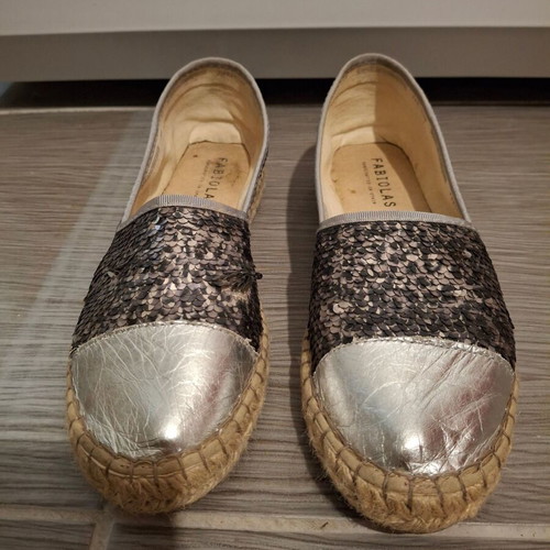 Fabiolas Collection women's flat espadrilles used with grey sequins and silver detail size 37